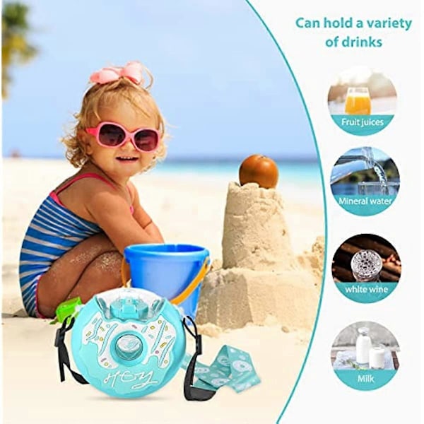 Merrwon Donut Vattenflaska 380ml Söt Vattenflaska Med Sugrör Återanvändbar Läcksäker Plast Dricksvattenflaskor Donut Drickflaska för Skola Camping Spo Blue Pink