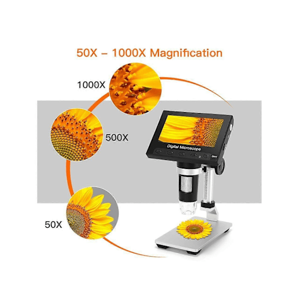 4.3\" LCD Digitalt Mikroskop med 32GB SD-kort, 50X-1000X Förstoring Myntmikroskop med Metallstativ, 8 LED-lampor, Videoinspelare för Observation