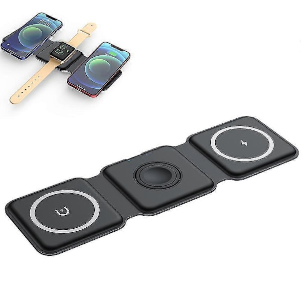 Trådlös laddningsplatta för iPhone, hopfällbar, kompakt 3 i 1 trådlös laddningsstation, trådlös bärbar laddningsstation för iWatch/Airpods/iPhone (ingen
