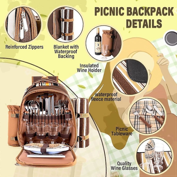 Picknickryggsäck för 4 personer, isolerad picknickväska med filt, kylfack, vinväska - Perfekt picknickryggsäck för utomhusbruk med familjen