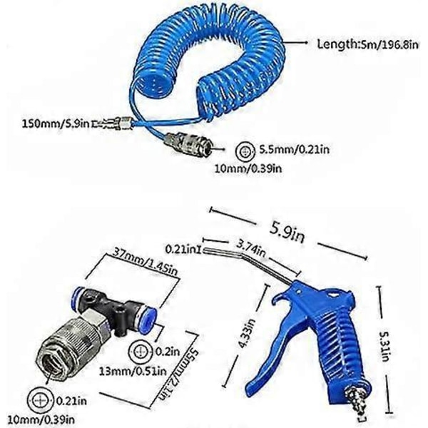 Tryckluftpistol Kit Luftblåsare Rengöringsmunstycke Blåssprutverktyg Kit Med 5 Meter Lång Spiral Pu Luftslang, 46mm