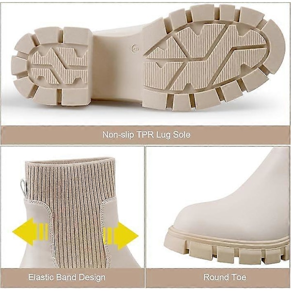 Dam Chelsea Boots Elastisk Slip On Chunky Heel Lug Sole Platform Stövlar Mode Ankelboots beige US8