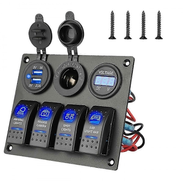 12-24V 4-vägs vippströmbrytare Blå LED Rocker Switch Panel Strömbrytare Vattentät för Bil Marin Båt JN