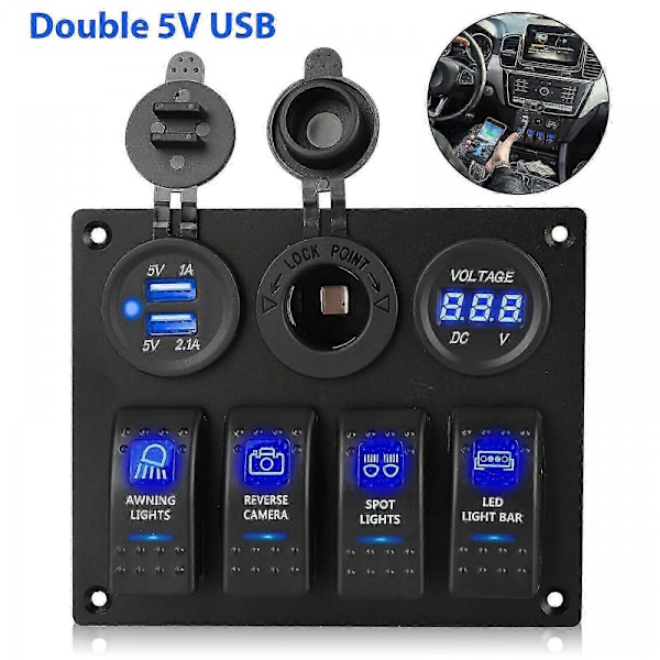 12-24V 4-vägs vippströmbrytare Blå LED Rocker Switch Panel Strömbrytare Vattentät för Bil Marin Båt JN