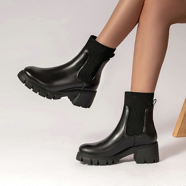 Dam Chelsea Boots Elastisk Slip On Chunky Heel Lug Sole Platform Stövlar Mode Ankelboots black US7