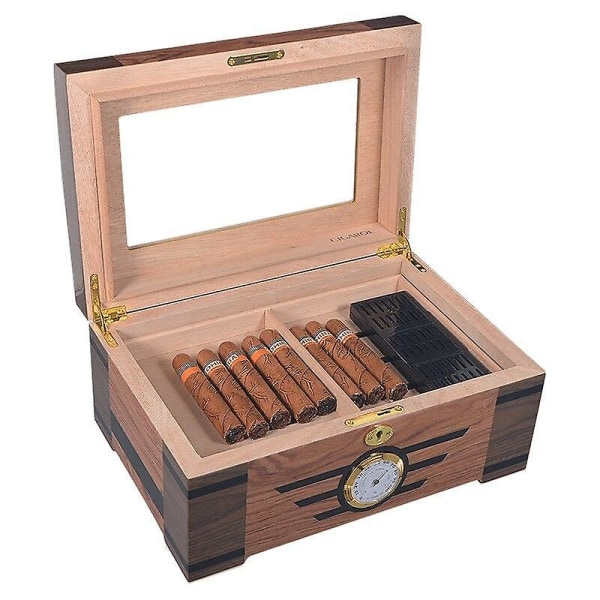 Stor kapacitet Cigarr Humidor Glas Top Cedar Wood Case Med