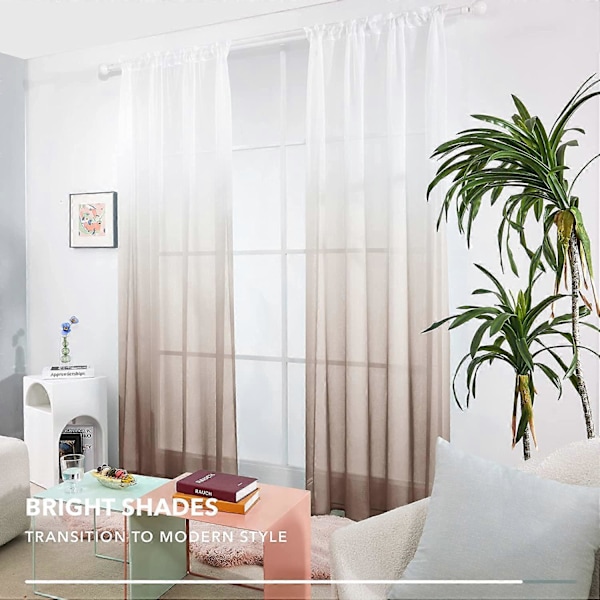 Halvtransparenta gardiner - Fusklinne gröna voilegardiner, 2 paneler, Stångficka gradient transparenta gardiner för sovrum Brown 100x200cm