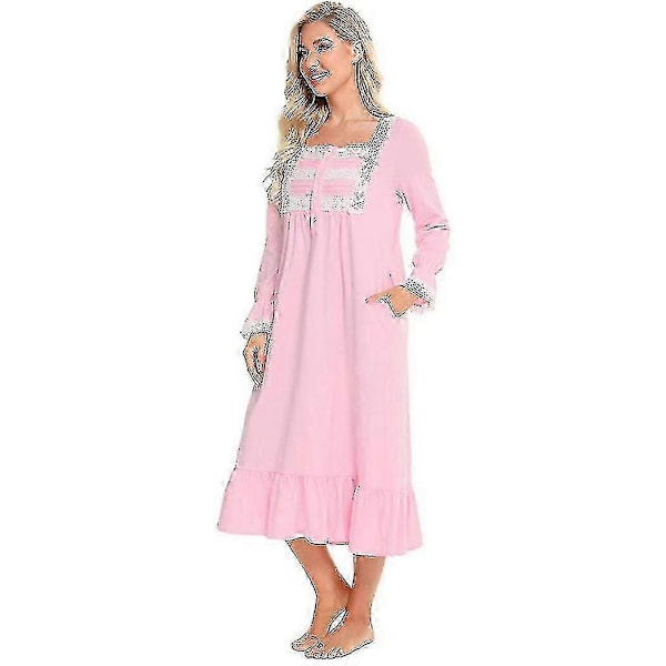 Viktorianska Pyjamas Bomull Pyjamas Långärmad Nattlinne Pink M
