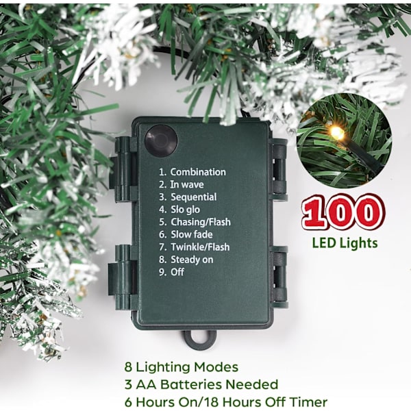 9 ft förbelyst julgirlander med 100 lampor batteridriven timer Green Snow Branches Garland