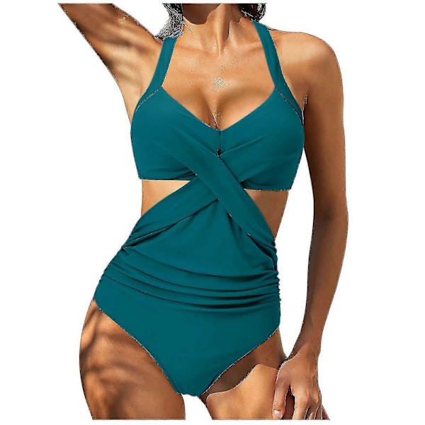 Kvinnor främre kors urklippt baddräkt i ett stycke magkontroll badkläder tankini monokini strandkläder Blue M
