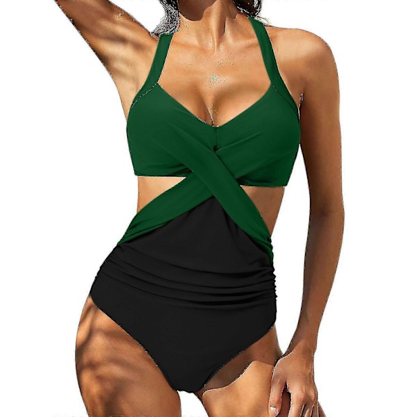 Kvinnor främre kors urklippt baddräkt i ett stycke magkontroll badkläder tankini monokini strandkläder Green S