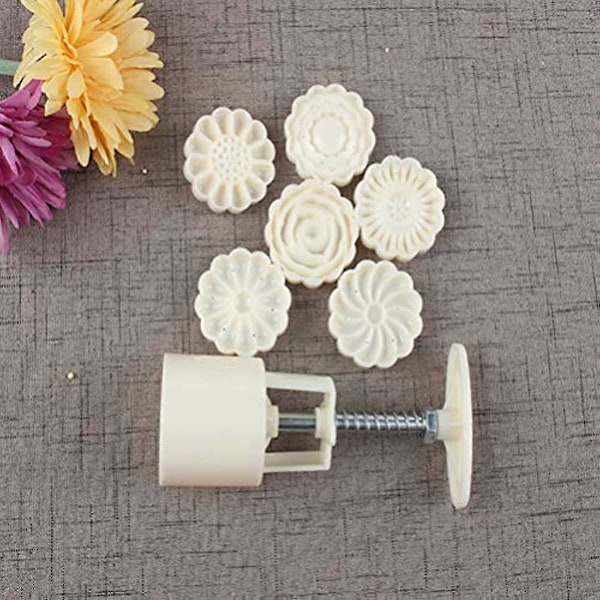 Healifty 1 Set 50G 3D Månkakform 3D Blommor Handtryck Fondant Dessert Månkaksform med Stämplar för DIY Bakningstillbehör (Vit)