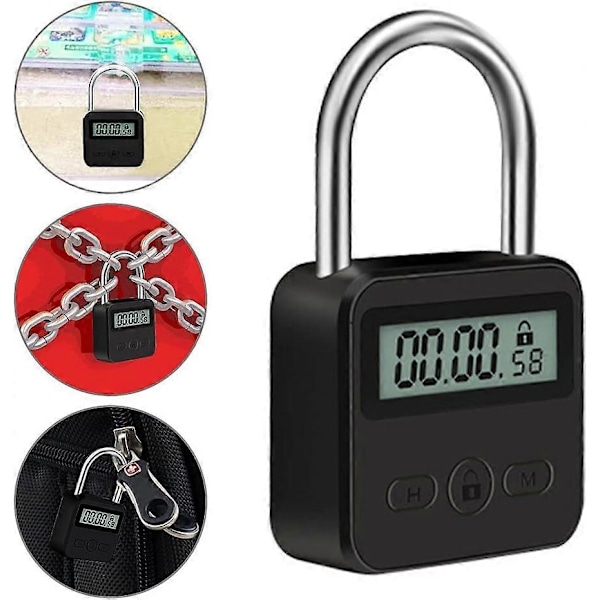 Metall Timerlås, 99 Timmar Max Timerlås, USB Uppladdningsbart Timerhänglås med LCD-Display, Multifunktionell Mikroelektronisk Timer Black