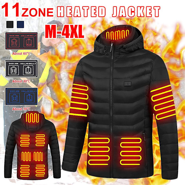 11 områden Uppvärmd jacka USB Winter Thermal Coat Värmebar väst 3XL
