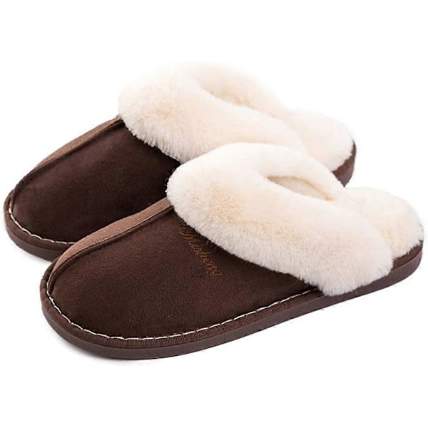 Damtofflor Memory Foam Mjuka Slip-on Inneskor Mocka Fodrade med Fuskpäls Halkfri Sula Inomhus &amp; Utomhus Dark Brown 7-8 UK