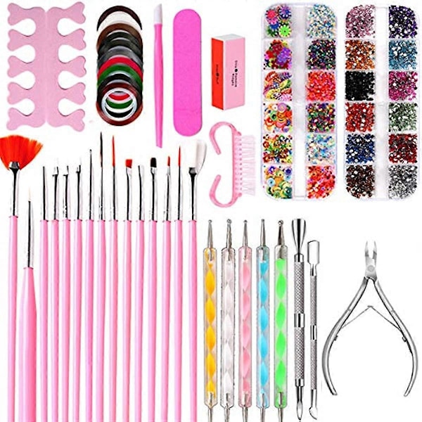 Kaxich Nagelkonst Kit Nagelkonstset 15st Nagelpenslar 5st Dotting Pens 24 Olika DIY Rhinestones 10 Rullar Nagelband Nagelbandstång en