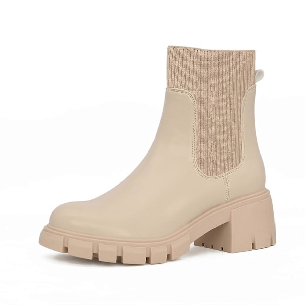 Dam Chelsea Boots Elastisk Slip On Chunky Heel Lug Sole Platform Stövlar Mode Ankelboots beige US8