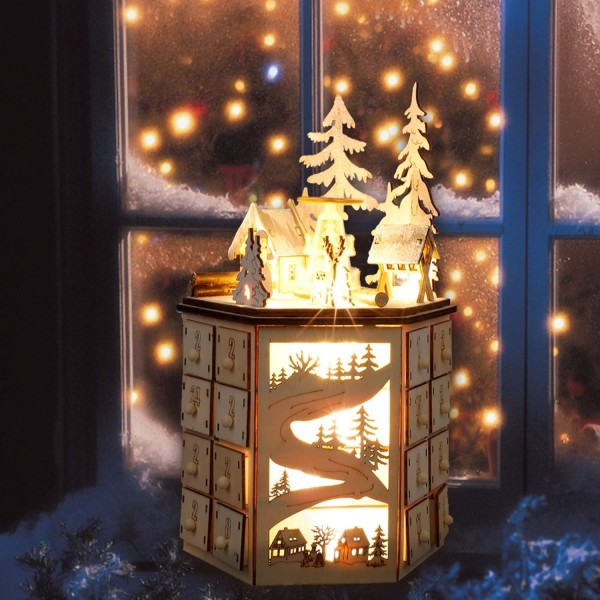 LED Revolving Music Box Adventskalender dekorerad med julgran