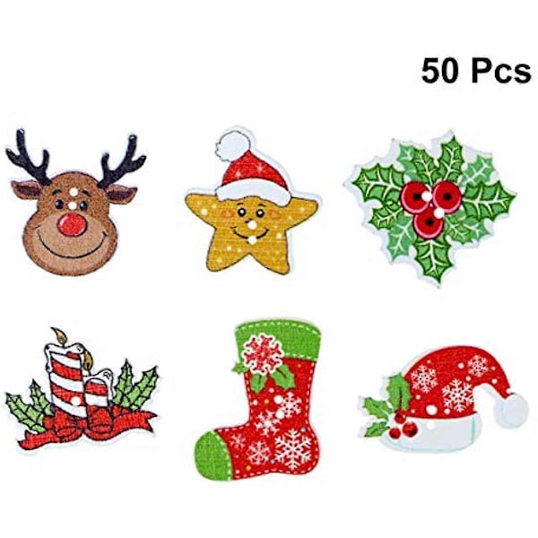 EXCEART 50 st Jul Träknappar Blandat Mönster Syknapp Bulk med 2 Hål Knapp för Jul DIY Hantverk (Blandat Mönster)