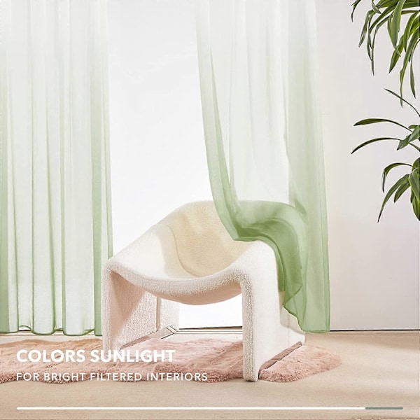 Halvtransparenta gardiner - Fusklinne gröna voilegardiner, 2 paneler, Stångficka gradient transparenta gardiner för sovrum Reseda Green 100x200cm