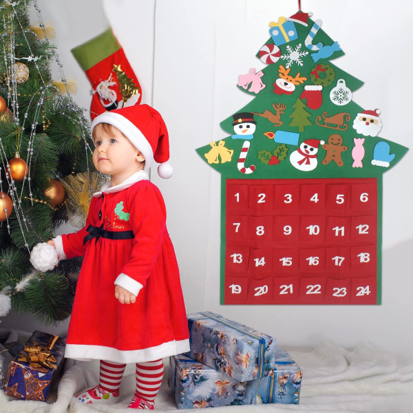 Gör-det-självfilt julgran, jul adventskalender med 24st prydnadssaker