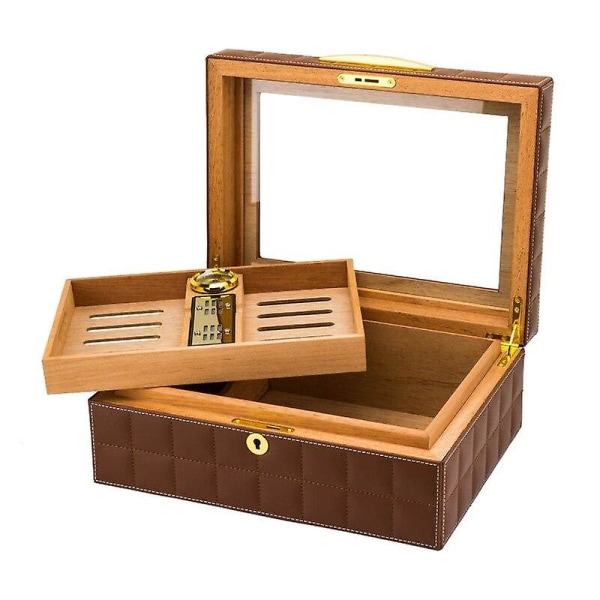 Glasskiva Svart Läder Utanför Cigarr Humidor Box Cedar Wood Cig