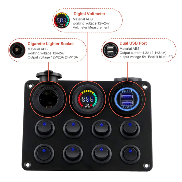 Vippbrytarpanel 12-24V Dubbel USB laddaruttag med LED Volt