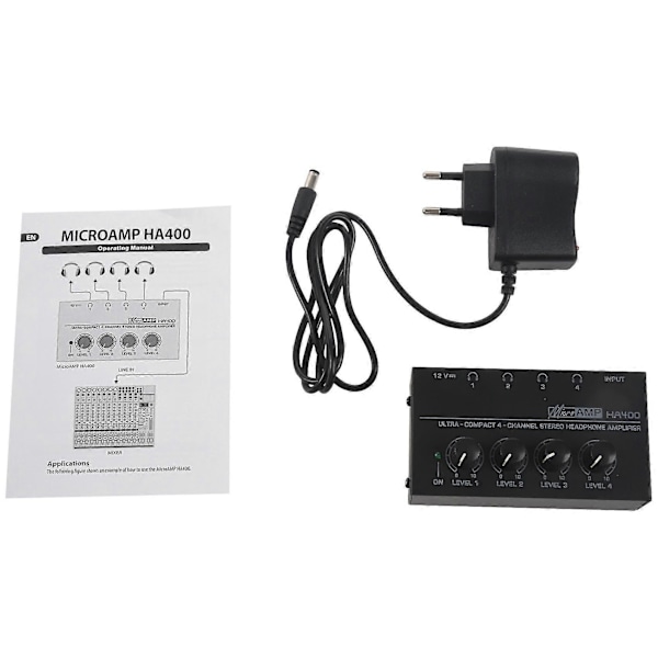 2x EU-kontakt HA400 4-kanals hörlursförstärkare med adapter svart