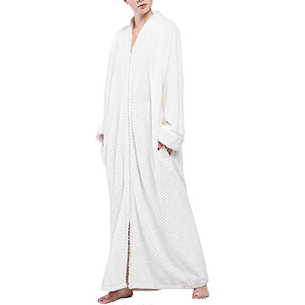 Dam Zip Fleece Våfflad Lång Morgonrock Fluffig Handduksbadrock Sovplagg white M