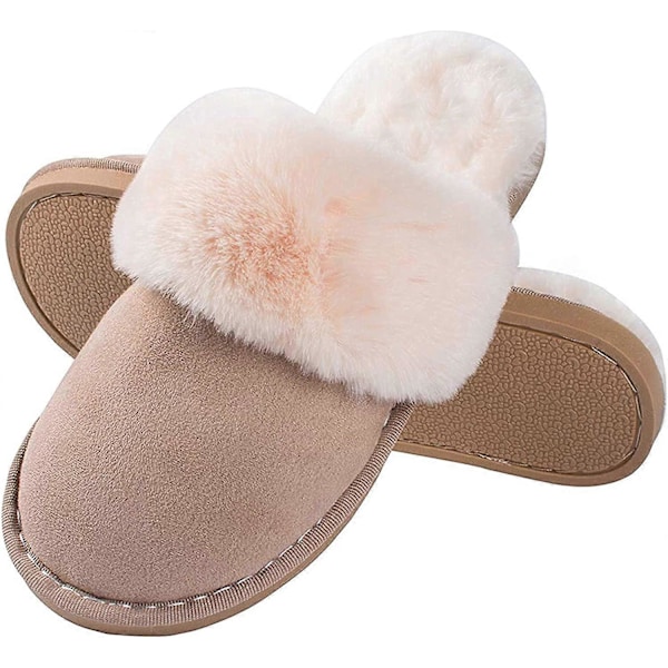 Damtofflor Memory Foam Mjuka Slip-on Inneskor Mocka Fodrade med Fuskpäls Halkfri Sula Inomhus &amp; Utomhus Khaki006 7-8 UK