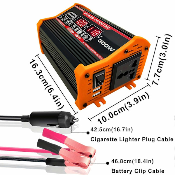 300W Strömriktare DC 12V till AC 110V Bilomvandlare med 2USB-gränssnitt, Biladaptrar Billaddare, med Digital Display
