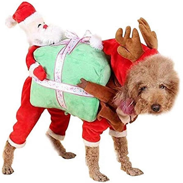 Kaxich Husdjur Hund Tomtedräkt Jul Hund Katt Kläder Xmas Roliga Kläder Huvtröjor Kappa Jumpsuit med Hatt Medium
