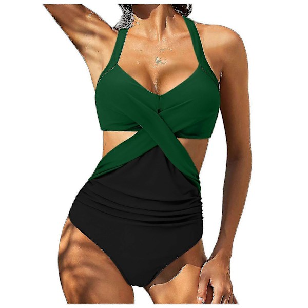 Kvinnor främre kors urklippt baddräkt i ett stycke magkontroll badkläder tankini monokini strandkläder Green M