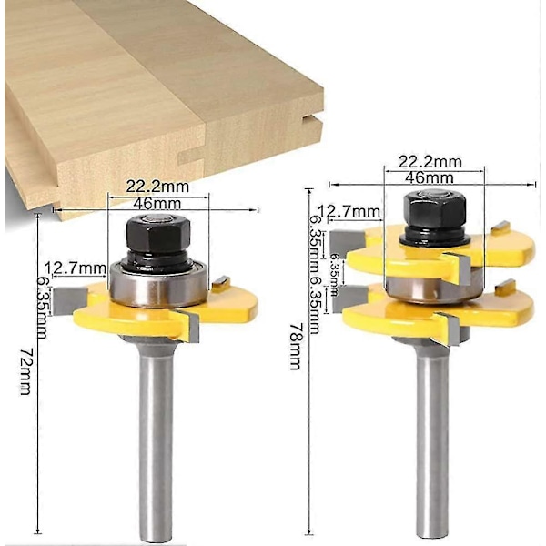 8mm Notfräs med Passande Spontfräs Set 3 Tänder T-Formad Träfräs