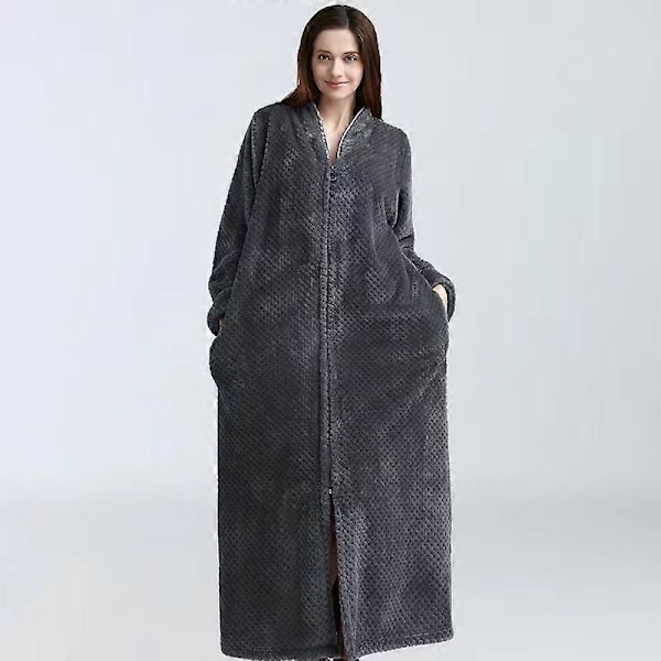 Dam Zip Fleece Våfflad Lång Morgonrock Fluffig Handduksbadrock Sovplagg Dark grey M