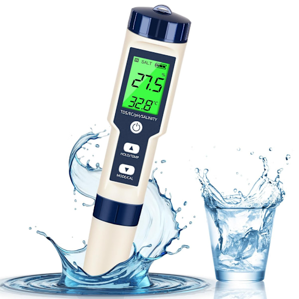 Pool Salt Tester, Digital Salinitetsmätare, Hög Noggrannhet 5 I 1 Salinitetstestare för Saltvatten, IP67 Vattentätt Testkit
