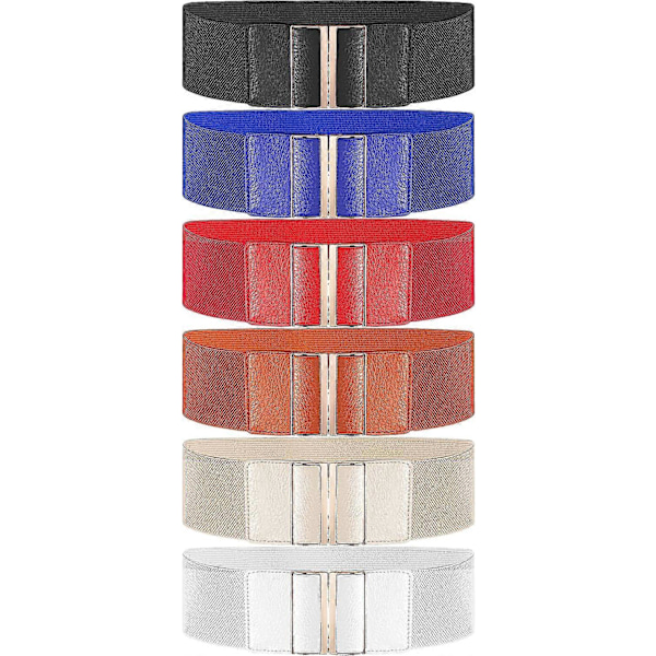 6 stycken Breda Elastiska Dam Bälte Cinch Midjeband Stretchig Klänning Midjebälte med spänne för Damer, One Size, Multicolor