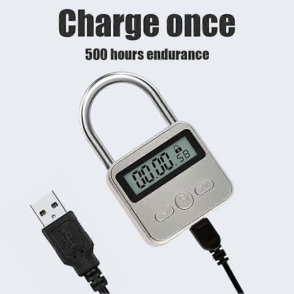 Metall Timerlås, 99 Timmar Max Timerlås, USB Uppladdningsbart Timerhänglås med LCD-Display, Multifunktionell Mikroelektronisk Timer Silver