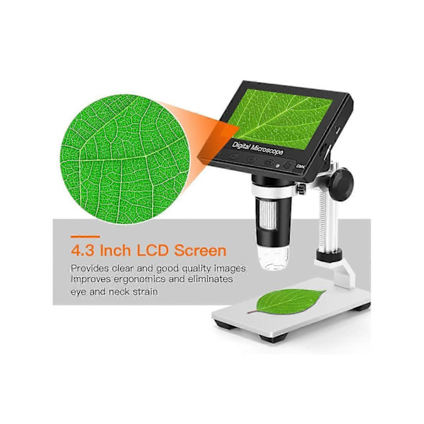4.3\" LCD Digitalt Mikroskop med 32GB SD-kort, 50X-1000X Förstoring Myntmikroskop med Metallstativ, 8 LED-lampor, Videoinspelare för Observation