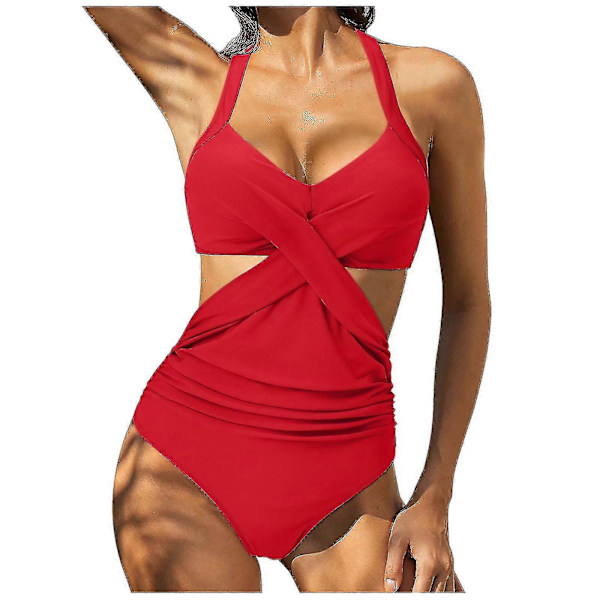 Kvinnor främre kors urklippt baddräkt i ett stycke magkontroll badkläder tankini monokini strandkläder Red XXL