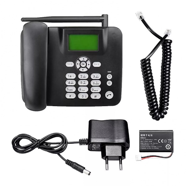 (Svart) Fast trådlös telefon 4G skrivbordstelefon stöder GSM 850/900/1800/1900MHz SIM-kort trådlös telefon med antenn radioklocka