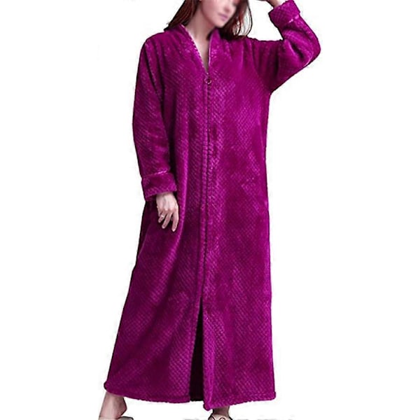 Dam Zip Fleece Våfflad Lång Morgonrock Fluffig Handduksbadrock Sovplagg Rose Red M