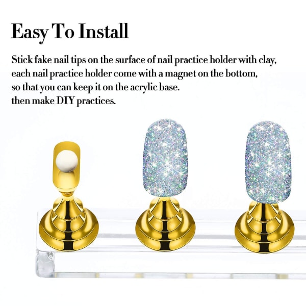 Nageltips Hållare Akryl Nail Art Practice Stativ Magnetisk Guld 2 Set