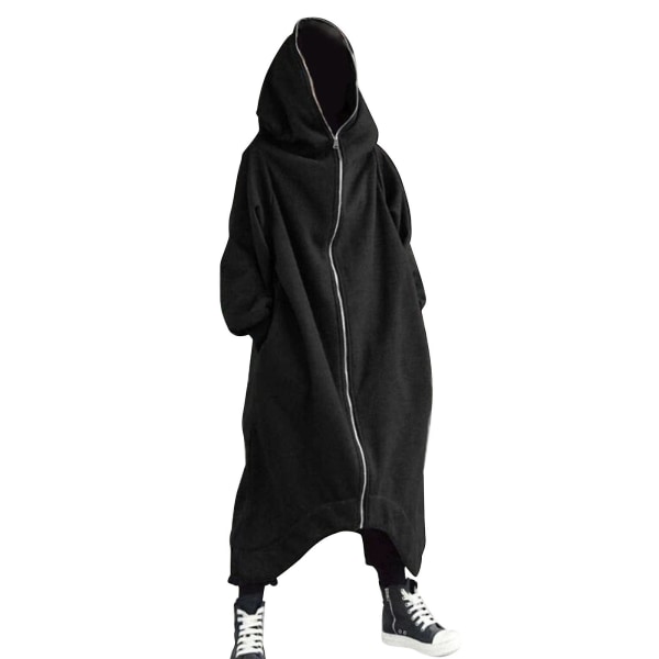 Unisex långärmad luvtröja med lång kappa med dragkedja Black XL