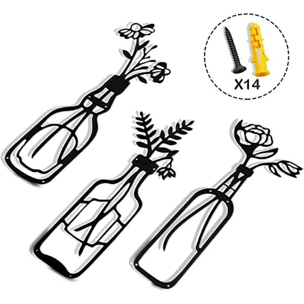 Blomväggdekor Minimalistisk Vas Konst Paket med 3 Vas Silhuett Väggdekoration Tillverkad av Metall Svart Metall Väggdekoration