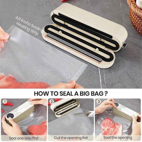 Mini Vakuumförpackare för Mat, 3-i-1 Sladdlös Uppladdningsbar Matförpackare för Torr/Fuktig Matförvaring, Värme S(Beige)