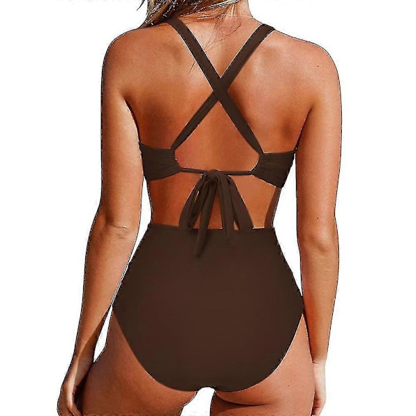 Kvinnor främre kors urklippt baddräkt i ett stycke magkontroll badkläder tankini monokini strandkläder Brown M