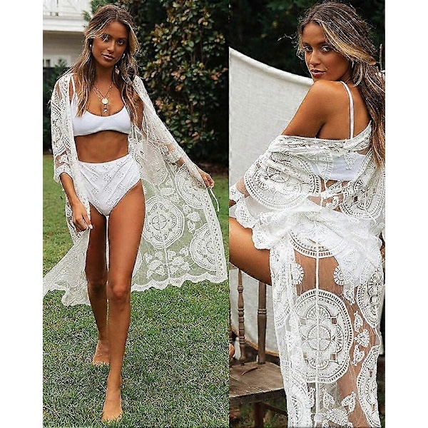 Dam Baddräkt Överdrag Baddräkt Kimono Lång Strandklänning Blommig Spets Bikini Badöverdrag Solskydd Kläder