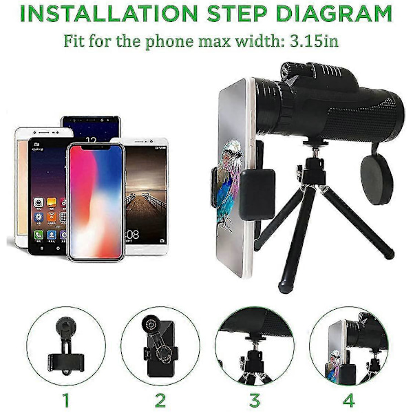 12x50 Monokulärt Teleskop, IPX7 Vattentätt Monokulär med Svagt Mörkerseende med BAK4 Prisma, 360ft/1000yds Synfält för Djurliv Fågelskådning Jakt Cam