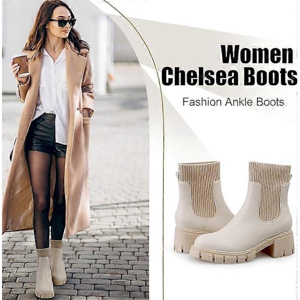 Dam Chelsea Boots Elastisk Slip On Chunky Heel Lug Sole Platform Stövlar Mode Ankelboots beige US9